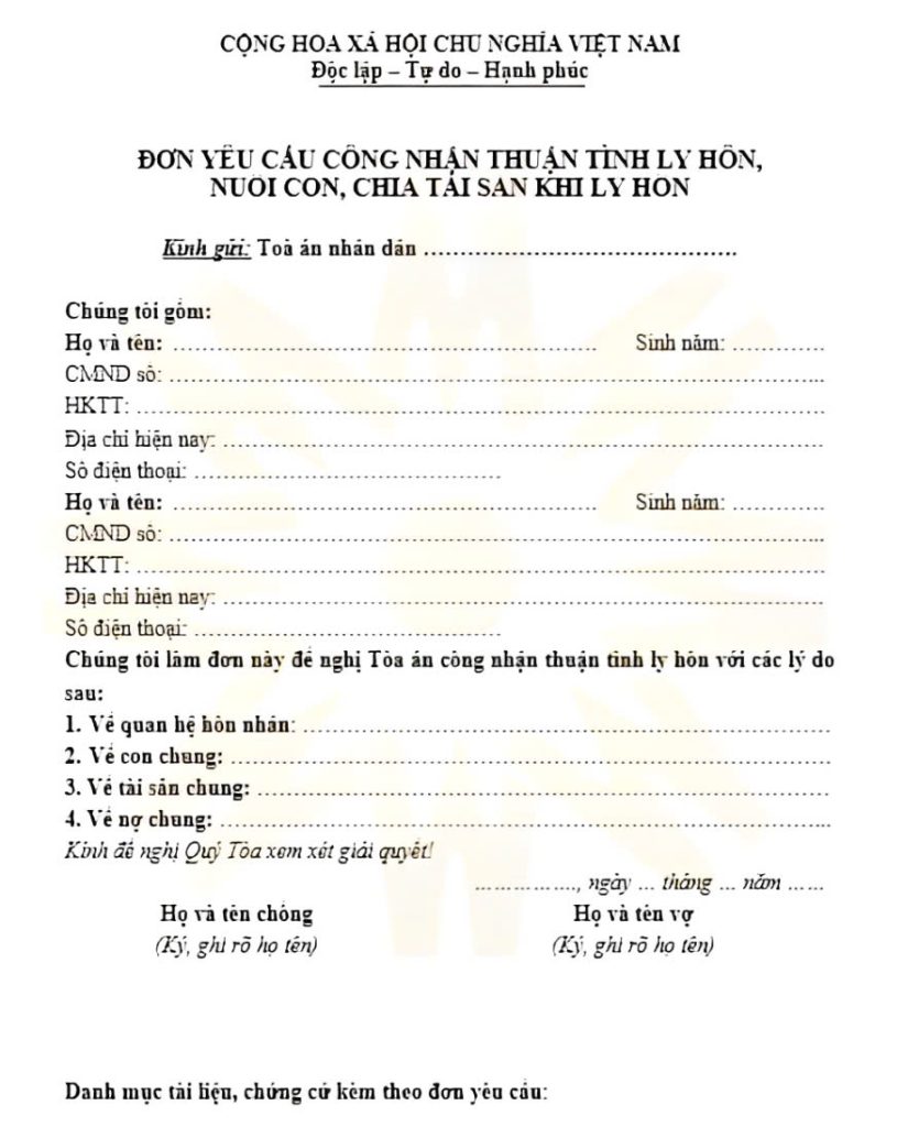 MẪU ĐƠN THUẬN TÌNH LY HÔN MỚI NHẤT - 0932 571 339